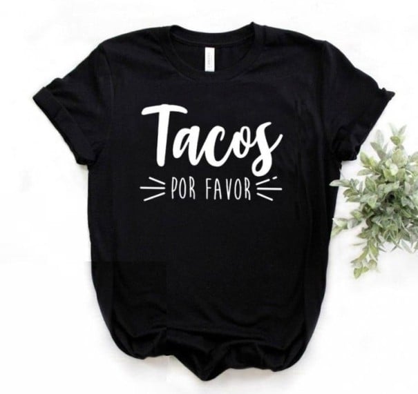 Dame-T-shirt med tacos-print sort L