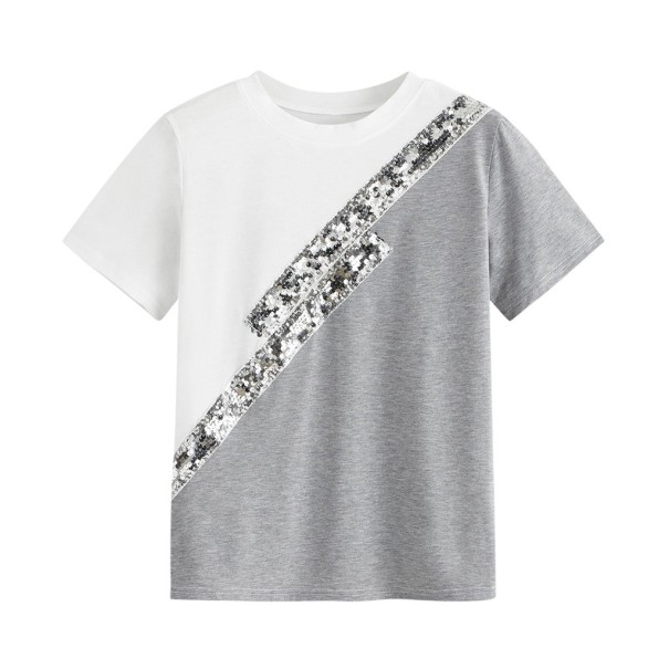 Dame T-shirt med to farver og pailletter grå M