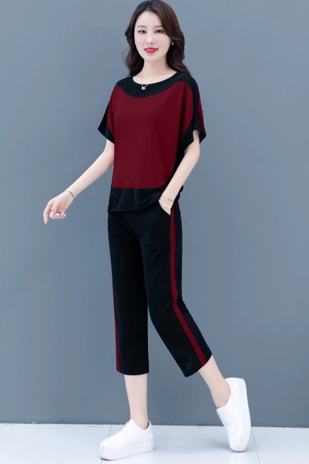 Dame T-shirt og bukser B1095 vinrød 3XL