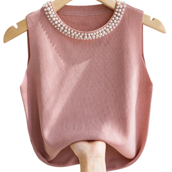 Dame T-shirt Universel Størrelse Ensfarvet med Perler Bredte Stropper Rund Udsnit Materiale Polyester Bomuld rosa