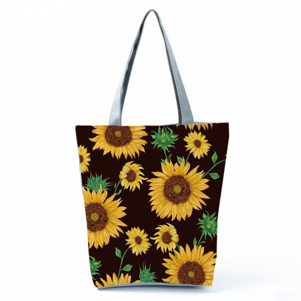Dame taske med solsikketryk Polyester taske med grå håndtag og udvidet form opad Blomster mønster Dimensioner 27 x 37 x 8 cm 1