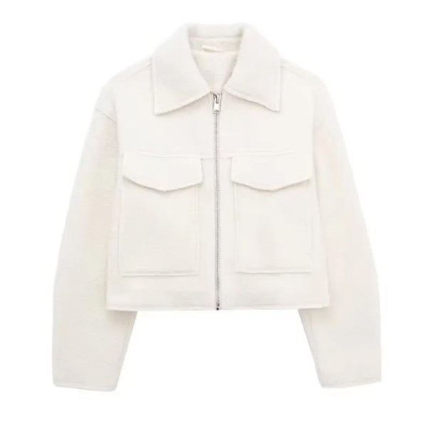 Dame uld efterårsjakke med lynlås Kort snit Reverskrave To klaplommer Elegant frakke til overgangsperioden Urban stil hvid XS