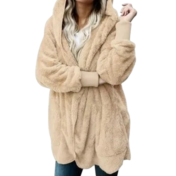 Dame varm plysbund med hætte Oversize fleece cardigan Efterårs fluffy overtræk med lange ærmer Blød jakke med hætte lysebrun S