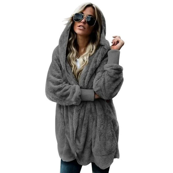 Dame varm plysbund med hætte Oversize fleece cardigan Efterårs fluffy overtræk med lange ærmer Blød jakke med hætte mørkegrå S