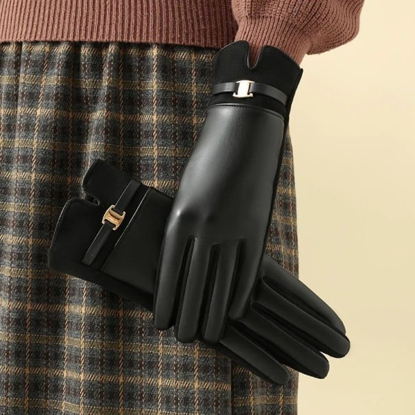 Dame vinterhandsker universel størrelse Berøringsvenlige varme handsker af polyester med PU læder overflade til kolde dage sort