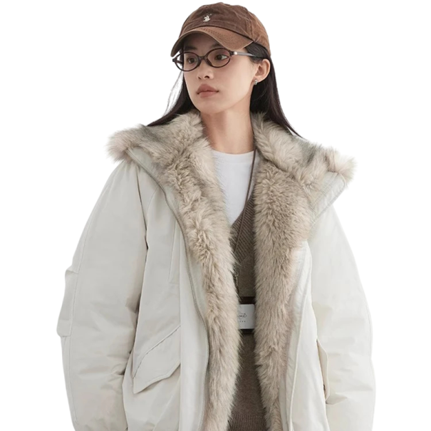 Dame vinterjakke i polyester Varm jakke med pelskrave Lynlås Praktiske lommer Komfortabelt varmt vintertøj til kvinder beige XL