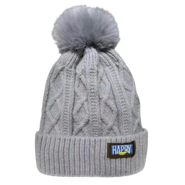 Dame vinterstrikhat hue med pompon 56–60 cm Varm tætsiddende hæklede hue Akryl Polyester Kunstlæder Elegant ensfarvet hue grå