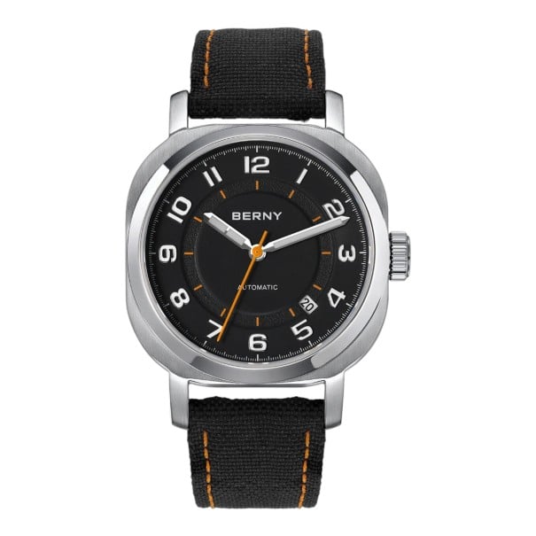 Dameautomatiske ure Berny Minimalistiske med dato Vandtæt 50 m 38 mm Rustfrit stål Safirglas Lærredsrem Til hverdag sort