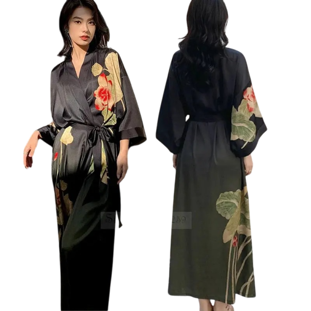 Damebadekåbe universel størrelse Sort farve Blomstermotiv Elegant let badekåbe af kunstsilke Bælte i taljen Polyester hjemmekomfort 1