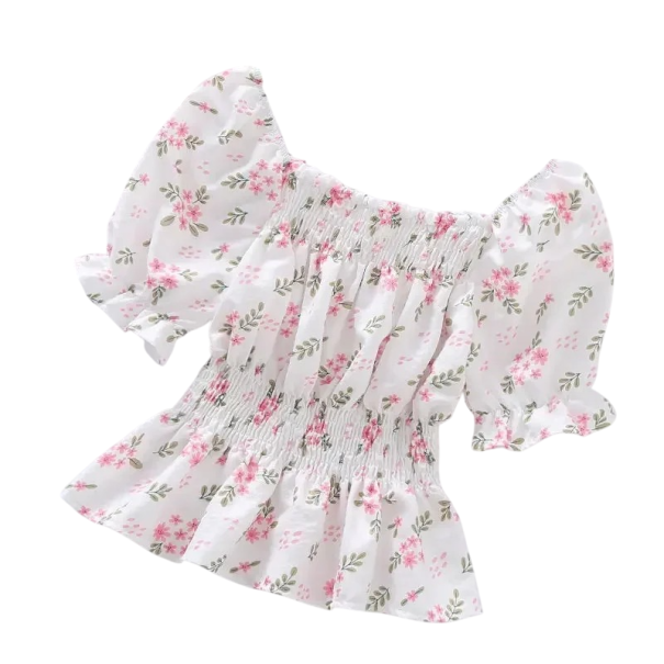 Dameblomstret bluse med bare skuldre Kort ærme Rynket snit med gummi i taljen Sommer elegant bluse rosa S