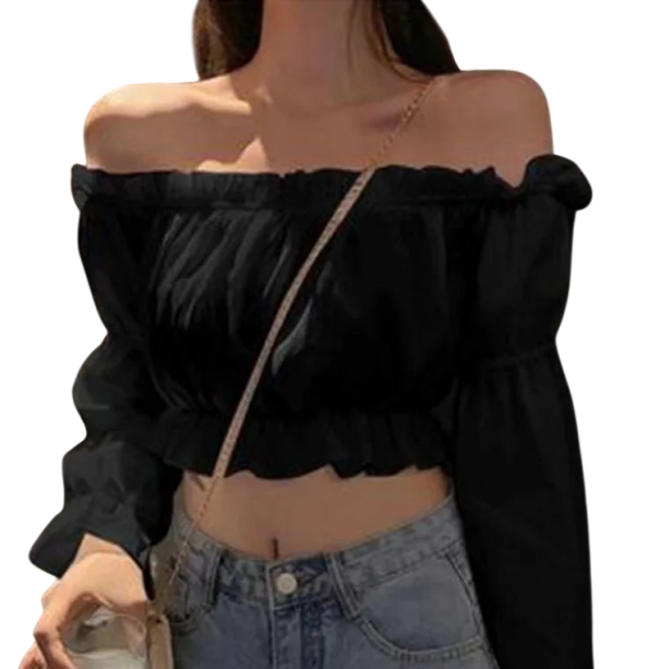 Damebluse med lange ærmer Crop top med indsnørede skuldre Elegant mode top Bomuld Polyester Stilfuld kvindebluse til hverdagsbrug sort XL