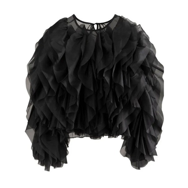 Damebluse med lange ærmer Elegant bluse med flæser Binding i nakken med sløjfe Bomuld Polyester Stilfuld mode top til hverdag sort S