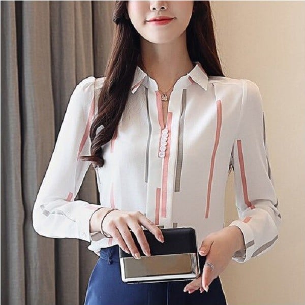 Damebluse med striber rosa M