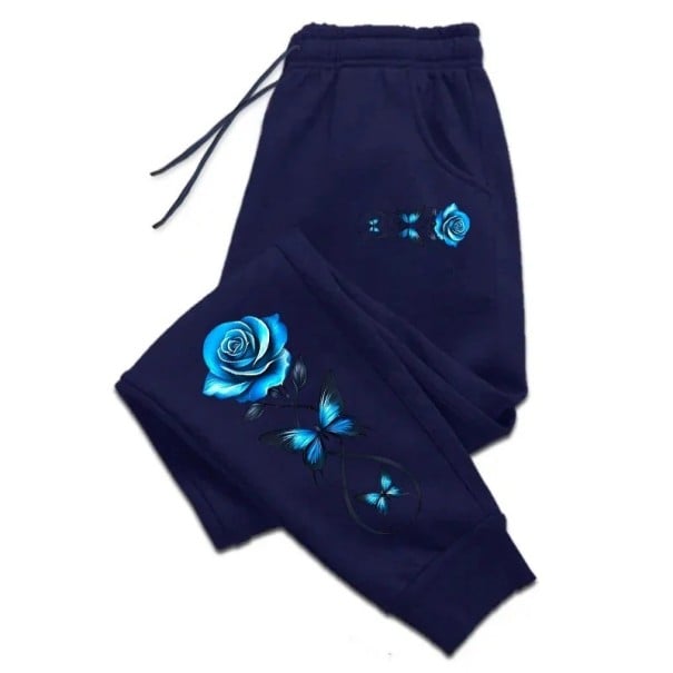 Damebukser med lommer, snøre og rose på siden, ensfarvede, polyester og bomuld, komfortable og stilfulde til fritid sort XS