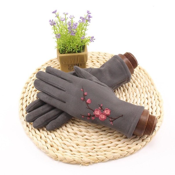 Damehandsker med blomster mørkegrå