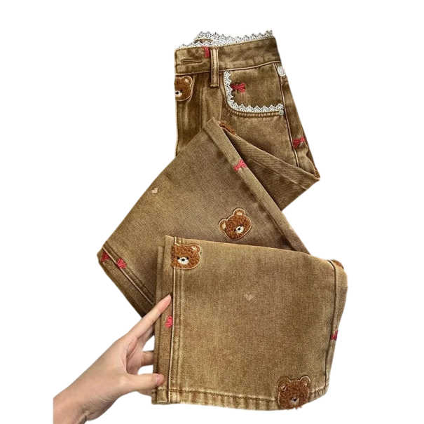 Damejeans brune farve Bamseprint Lommer Polyester Moderne afslappede bukser Trendy casual stil til hverdag M