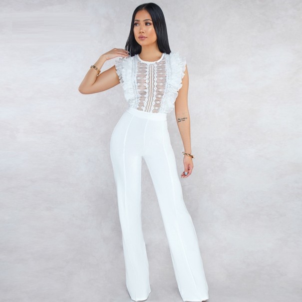 Damejumpsuit med blonder og flæser hvid S