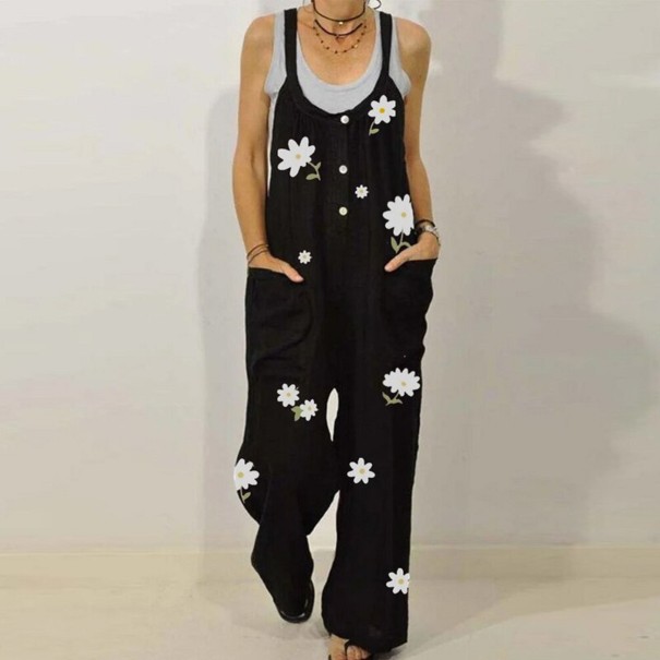 Damejumpsuit med margueritterprint sort XXL