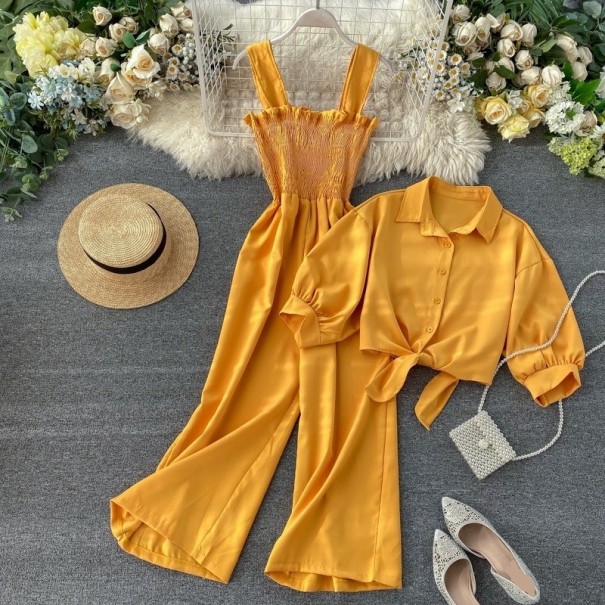 Damejumpsuit og skjorte crop top mørkegul