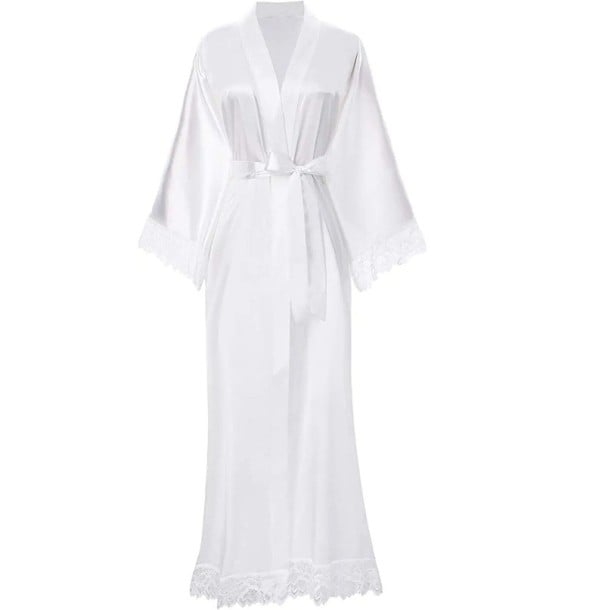 Damekjole med blonder Elegant let kjole med silkeagtig glans Snøring med bånd Luksuriøs komfortabel kjole i blød polyester hvid L
