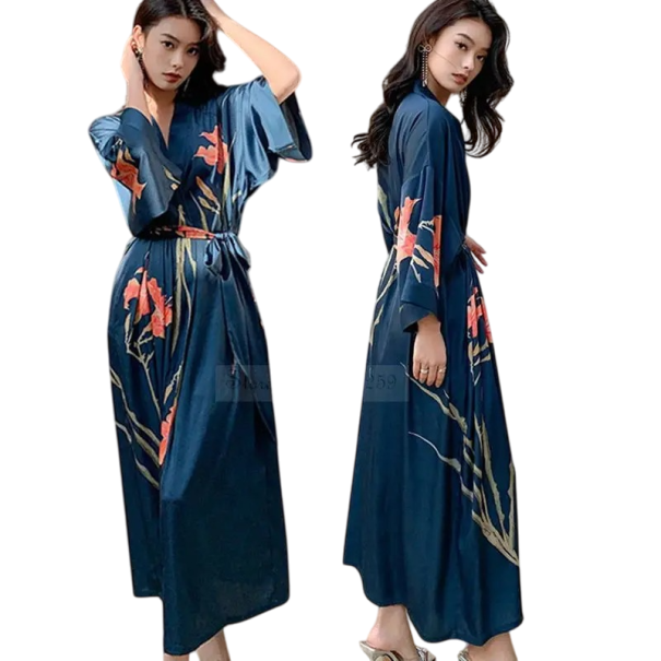 Damekjole universel størrelse Blå farve Blomsterdesign Let elegant kjole af kunstsilke Snøring i taljen Polyester hjemlig komfort 1