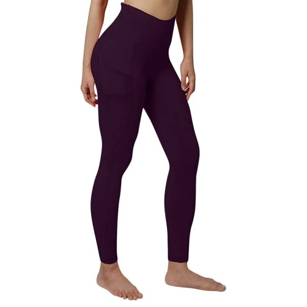 Damekompressionsleggings med høj talje og elastiske lommer, sportsleggings til yoga og træning, formende bukser til kvinder lilla L