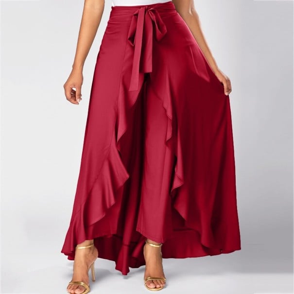 Damen asymmetrischer Maxi-Rock mit eingenähten Hosen Wickelschnitt mit Volant Hoher Bund mit Schleifenbindung Fließender Polyester rot S