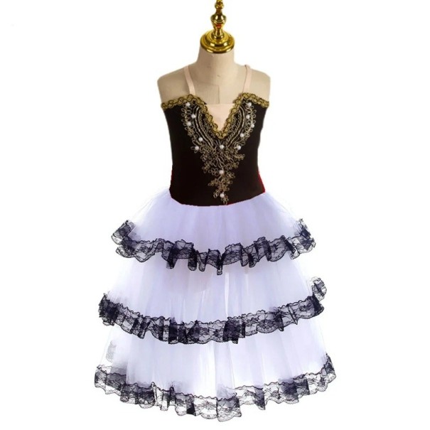 Damen Ballettkleid mit mehrlagigem Spitzenrock, goldener Stickerei auf dem Oberteil und dünnen Trägern, Charakterkostüm für klassischen Ballett weiß S