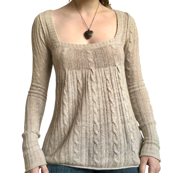 Damen beiger Pullover mit langen Ärmeln Einfarbiger eleganter Top mit Ausschnitt Bequemer modischer Pullover aus Polyester und Baumwolle Lässiger Stil M