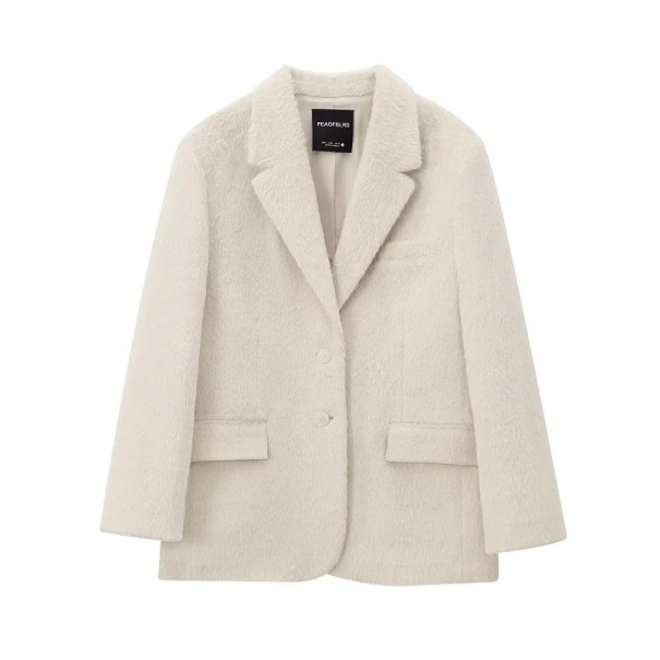 Damen Beiges Plüsch Sakko mit Kragen und Taschen Eleganter weicher Mantel aus Polyester Einfarbige Herbst- und Winterbekleidung S