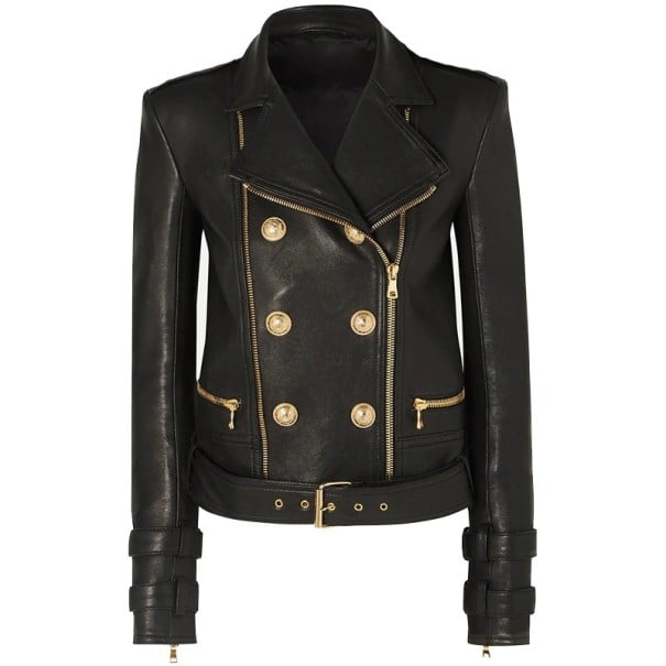 Damen Bikerjacke aus Kunstleder Doppelte goldene Knöpfe Asymmetrischer Reißverschluss Gürtel mit Schnalle Schnallen an den Ärmeln schwarz XXS