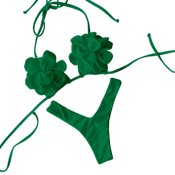 Damen-Bikini mit 3D-Blumen-Oberteil und String-Höschen. Badeanzug zum Binden mit Blumen für einen stylischen Look am Strand oder am Pool grün M