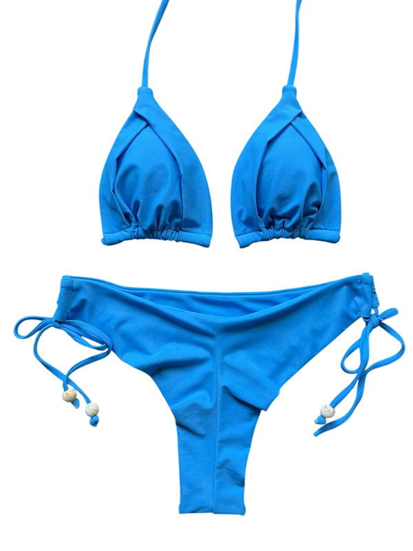 Damen Bikini mit Triangel-Oberteil und Perlenverzierung Verstellbarer Badeanzug mit Schnüren Elegantes zweiteiliges Strandset blau L