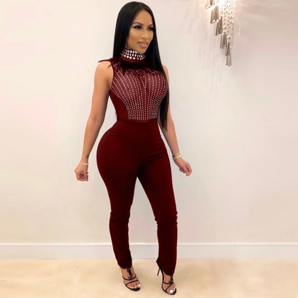 Damen-Bodycon-Overall mit Strasssteinen G191 weinrot S
