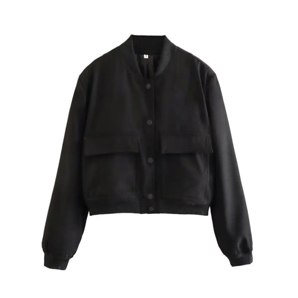 Damen Bomberjacke mit Taschen Elegante kurze Jacke mit V-Ausschnitt Knopfverschluss Stilvolle Frühlingsjacke mit langen Ärmeln schwarz S