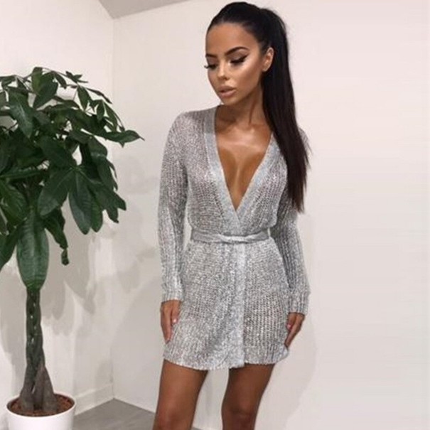 Damen-Cardigan mit Bindegürtel silbern S