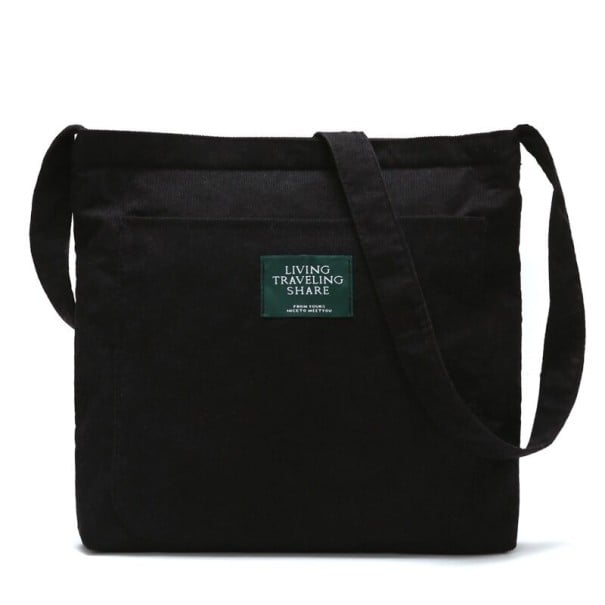Damen-Cordtasche über der Schulter mit breitem Gurt und großer Fronttasche Weiche Handtasche für die Stadt und die Schule 34 x 37 cm schwarz