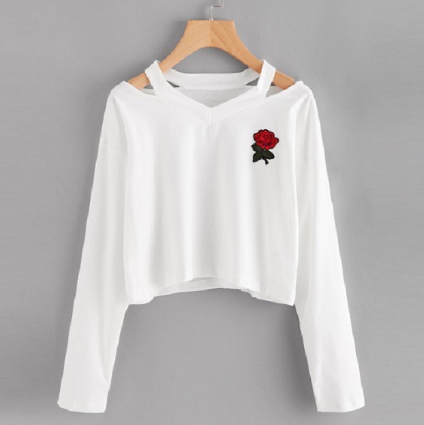 Damen-Crop-Top mit Blume J2851 weiß M