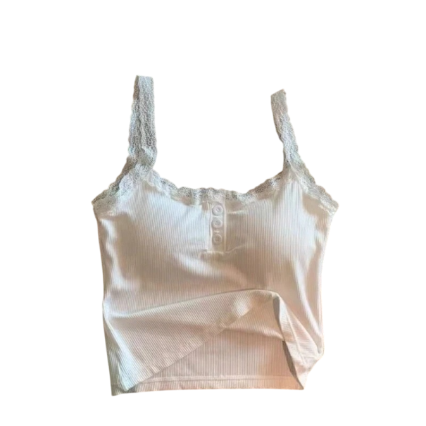 Damen Crop Top Universelle Größe Einfarbig mit Spitze und Knöpfen Dünne Träger Rundhalsausschnitt Polyester Viskose weiß