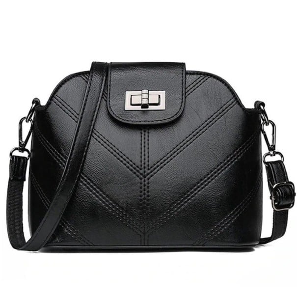 Damen Crossbody Tasche 21 x 18 x 10 cm aus Kunstleder Steppmuster in V-Form Klappe mit drehbarem Schloss Verstellbarer Schulterriemen schwarz