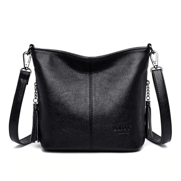 Damen Crossbody Tasche aus Kunstleder Strukturierte Oberfläche Schultergurt mit metallischen Karabinern Dekorative Quasten an der Kette 25 schwarz