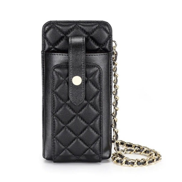 Damen Crossbody Tasche für Mobiltelefone Rautensteppung Vordertasche mit Schlaufe Abnehmbarer Kettenriemen Echtes Leder 18,5 x 9 x 3 cm schwarz