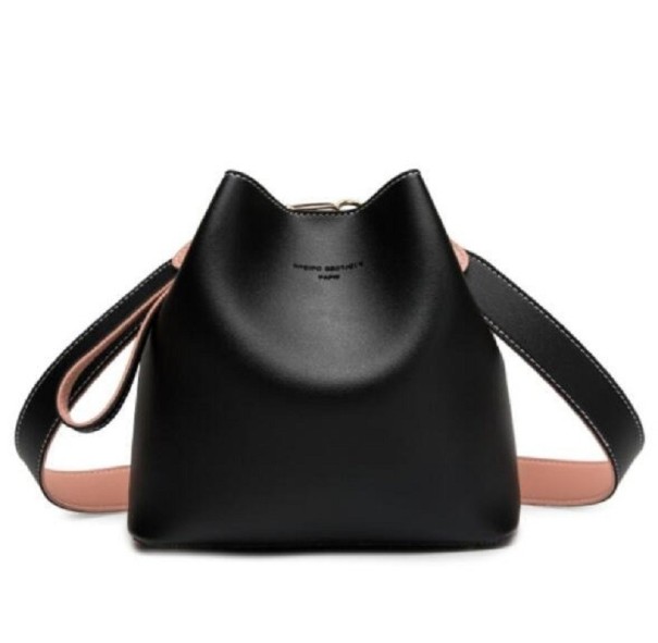 Damen Crossbody Tasche im Beuteldesign über der Schulter Glattes PU-Leder Reißverschluss Breiter Trageriemen in kontrastierender Farbe 21 x schwarz