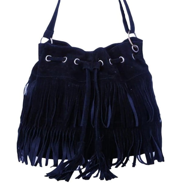 Damen Crossbody Tasche in Form eines Beutels mit Fransen Zugband mit Metallösen Wildleder und Polyester 29 x 14 x 30 cm Für den täglichen schwarz