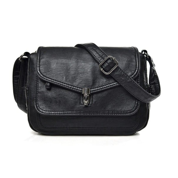 Damen Crossbody Tasche mit Deckel und metallischem Verschluss Leder und Polyester Maße 25 x 20 x 12 cm Rückentasche mit Reißverschluss schwarz