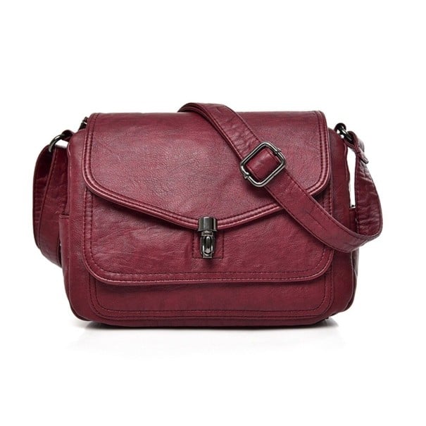 Damen Crossbody Tasche mit Deckel und metallischem Verschluss Leder und Polyester Maße 25 x 20 x 12 cm Rückentasche mit Reißverschluss weinrot