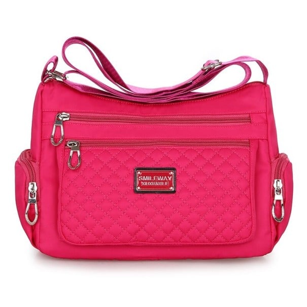 Damen Crossbody Tasche mit gesteppter Vorderseite Mehrere Reißverschlusstaschen Nylon und Polyester 27 x 19 x 10 cm Für den täglichen dunkelrosa