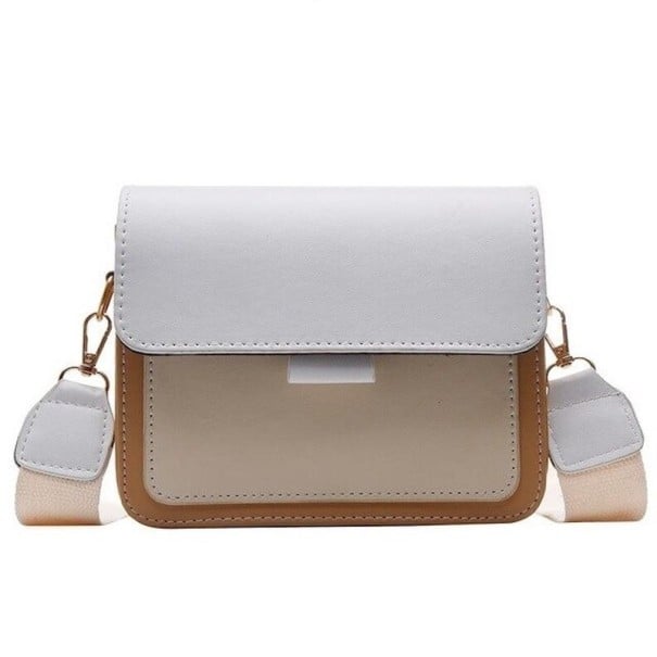 Damen Crossbody Tasche mit Klappe und breitem Gurt Kleine Umhängetasche aus PU-Leder und Polyester Maße 19 x 15 x 6 cm weiß