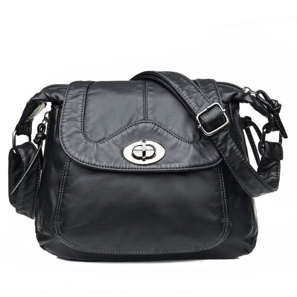 Damen Crossbody Tasche mit Klappe und Drehverschluss Mehrere Reißverschlusstaschen Verstellbarer Riemen Vintage-Look PU-Leder 25 x 23 x 15 cm schwarz