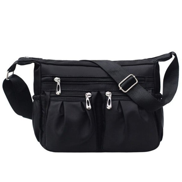 Damen Crossbody Tasche mit mehreren Reißverschlusstaschen Raffung an der Vorderseite Breiter verstellbarer Trageriemen Nylon schwarz